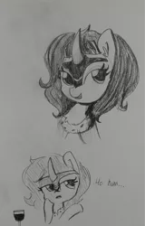 Size: 1225x1920 | Tagged: safe, artist:tjpones, derpibooru import, king sombra, pony, unicorn, bored, bust, cute, dialogue, ear fluff, glass, grayscale, monochrome, queen umbra, rule 63, rule63betes, sketch, traditional art, umbradorable, wine glass