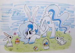 Size: 1628x1149 | Tagged: safe, artist:miss-racco0n, derpibooru import, oc, oc:ice dreams, unofficial characters only, pony, rabbit, easter, egg, holiday
