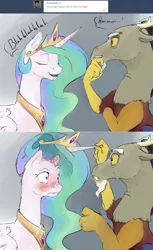 Size: 1280x2092 | Tagged: safe, artist:silfoe, derpibooru import, discord, princess celestia, alicorn, draconequus, pony, royal sketchbook, bald, blushing, dialogue, embarrassed, female, horn extensions, jewelry, mare, peytral, regalia, small horn, surprised, this will end in tears and/or a journey to the moon, this will end in tears and/or death, wig