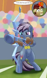 Size: 3600x5952 | Tagged: safe, artist:bbqninja501st, derpibooru import, oc, oc:gold medal, unofficial characters only, pony, absurd resolution, apple, archery, bipedal, food, heterochromia, horn, horn impalement, ice arrows, medal, scared, tongue out, william tell