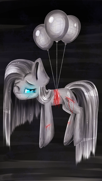 Size: 1861x3309 | Tagged: semi-grimdark, artist:lixthefork, derpibooru import, pinkie pie, pony, balloon, blood, cut, injured, monochrome, neo noir, partial color, pinkamena diane pie, sad, solo