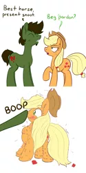 Size: 1280x2560 | Tagged: safe, artist:yakoshi, derpibooru import, applejack, oc, oc:green ganache, pony, blushing, boop, comic, dialogue, eyes closed, fluffy, nose wrinkle, raised hoof, simple background, surprised, white background