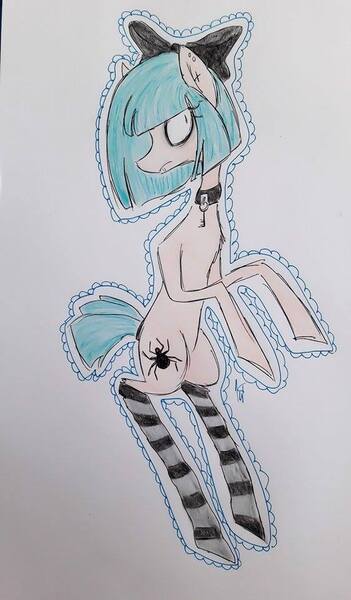 Size: 562x960 | Tagged: safe, artist:miss-racco0n, derpibooru import, oc, oc:arachne, unofficial characters only, pony, bow, choker, clothes, gothic, key, socks, solo, striped socks, traditional art