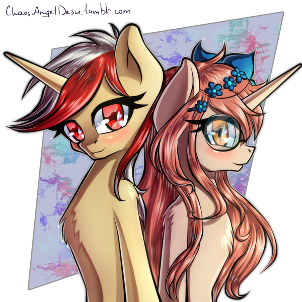 Size: 2000x2000 | Tagged: safe, artist:chaosangeldesu, derpibooru import, oc, oc:alscenia greymane, oc:missklang, unofficial characters only, pony, unicorn, abstract background, blushing, bust, couple, female, flower, flower in hair, glasses, male, portrait, straight