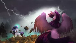 Size: 2000x1125 | Tagged: safe, artist:blackligerth, derpibooru import, starlight glimmer, twilight sparkle, twilight sparkle (alicorn), alicorn, pony, unicorn, canterlot, confrontation, female, fight, floppy ears, frown, lightning, magic, mare, rock, spread wings, telekinesis, twibutt