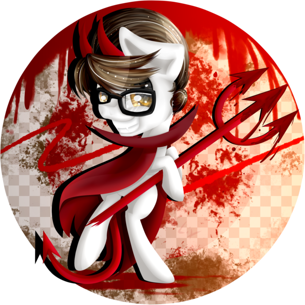 Size: 1861x1861 | Tagged: semi-grimdark, artist:lixthefork, derpibooru import, raven, writing desk, earth pony, pony, bipedal, blood, devil, devil horns, glasses, grin, pitchfork, smiling, solo