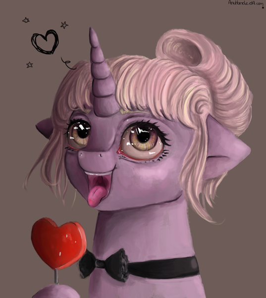 Size: 1700x1900 | Tagged: safe, artist:anuhanele, derpibooru import, oc, unofficial characters only, pony, candy, collar, food, gray background, heart, holiday, licking, lollipop, simple background, solo, tongue out, valentine's day