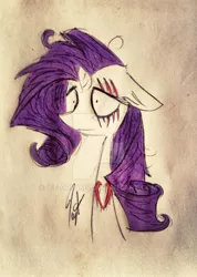 Size: 600x845 | Tagged: safe, artist:miss-racco0n, derpibooru import, rarity, pony, unicorn, lil-miss rarity, blood, dishevelled, floppy ears, messy mane, solo, traditional art, watermark