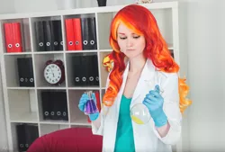 Size: 1600x1080 | Tagged: safe, artist:sunny-tooi, derpibooru import, sunset shimmer, human, clothes, cosplay, costume, flask, gloves, image, irl, irl human, jpeg, lab coat, medical gloves, photo, rubber gloves, solo, sunset the science gal