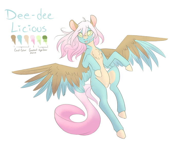 Size: 1280x1043 | Tagged: safe, artist:mint-and-love, derpibooru import, oc, oc:dee dee licious, unofficial characters only, pegasus, pony, cutie butt, female, flying, ice cream mare, mare, simple background, solo, tongue out, white background