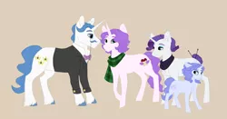 Size: 4000x2100 | Tagged: safe, artist:silcybell, deleted from derpibooru, derpibooru import, fancypants, rarity, oc, oc:eloquence, oc:jewel, pony, unicorn, alternate hairstyle, family, female, filly, male, offspring, older, parent:fancypants, parent:rarity, parents:raripants, raripants, shipping, simple, simple background, straight, tail bun