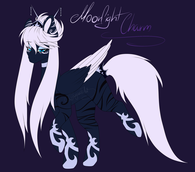 Size: 2038x1800 | Tagged: safe, artist:minelvi, derpibooru import, oc, oc:moonlight charm, unofficial characters only, pegasus, pony, colored wings, female, mare, multicolored wings, purple background, reference sheet, simple background, solo, walking