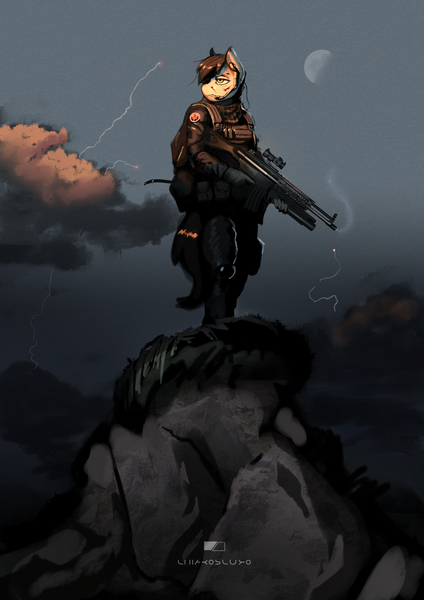 Size: 1024x1448 | Tagged: safe, artist:greenfireartist, derpibooru import, oc, unofficial characters only, anthro, earth pony, anthro oc, blood, cloud, commission, gun, heckler and koch, image, male, moon, png, rifle, rock, serious, serious face, sky, solo, stallion, weapon