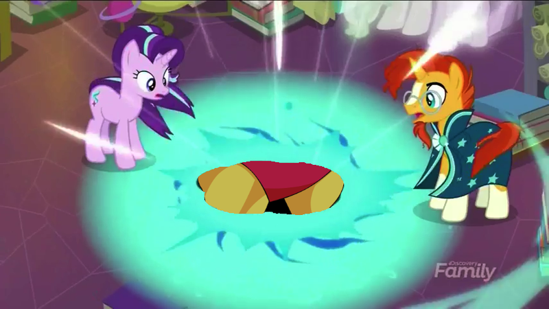 Size: 854x480 | Tagged: safe, derpibooru import, edit, edited screencap, screencap, starlight glimmer, sunburst, alicorn, pony, celestial advice, black hole, discovery family logo, exploitable meme, gutsman, gutsman's ass, megaman, meme, plot, wat