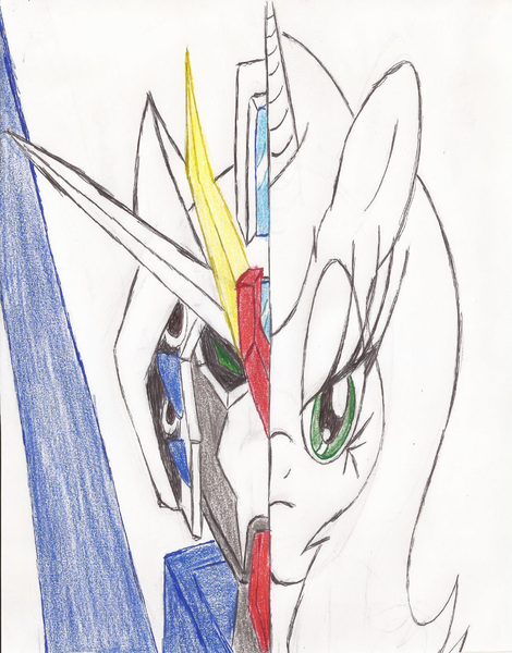 Size: 1700x2172 | Tagged: safe, artist:wyren367, derpibooru import, oc, oc:daiku, unofficial characters only, colored pencil drawing, colored sketch, crossover, gundam, gundam talos, simple background, solo, traditional art, white background