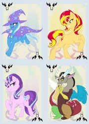 Size: 744x1038 | Tagged: safe, artist:bluekite-falls, artist:sky-railroad, derpibooru import, discord, starlight glimmer, sunset shimmer, trixie, pony, unicorn, counterparts, female, game, mare, prance card game, twilight's counterparts