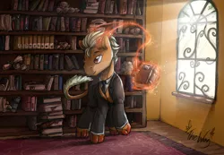 Size: 3444x2378 | Tagged: artist:the-wag, backlighting, book, clothes, commission, crepuscular rays, derpibooru import, dracony, horns, hybrid, library, magic, oc, oc:orobas, safe, solo, suit, unofficial characters only