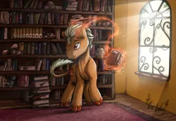 Size: 3444x2378 | Tagged: artist:the-wag, backlighting, book, commission, crepuscular rays, derpibooru import, dracony, horns, hybrid, library, magic, oc, oc:orobas, safe, solo, unofficial characters only