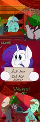 Size: 1500x4500 | Tagged: safe, artist:anontheanon, derpibooru import, lyra heartstrings, rarity, oc, oc:anon, human, pony, comic:the dangers of dating, absurd resolution, awkward, comic, food, heart eyes, meat, meatballs, pasta, sign, spaghetti, wingding eyes