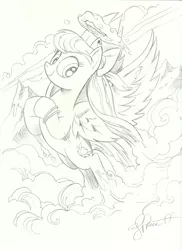 Size: 3637x5000 | Tagged: safe, artist:andypriceart, derpibooru import, angel wings, pegasus, pony, absurd resolution, babscon 2017, bow, female, flying, hair bow, lineart, looking at you, mare, monochrome, mountain, pencil drawing, scanned, solo, spread wings, too big for derpibooru, traditional art, wings