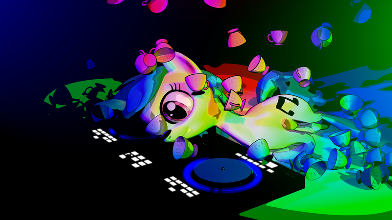 Size: 1920x1080 | Tagged: safe, artist:nightpon3, derpibooru import, vinyl scratch, pony, all bottled up, 3d, cel shading, cinema 4d, cup, rave, solo, teacup, what am i doing with my life...