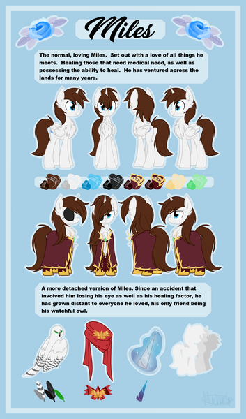 Size: 3356x5707 | Tagged: safe, artist:kellythedrawinguni, derpibooru import, oc, oc:miles, unofficial characters only, alicorn, owl, pony, absurd resolution, alicorn oc, blanket, blue eyes, broach, cape, chest fluff, clothes, crest, easter egg, eyepatch, green eyes, height difference, impossibly large chest fluff, magic, magic aura, male, multiple variants, pet, reference sheet, size chart, size comparison, solo