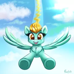 Size: 1000x1000 | Tagged: safe, artist:confetticakez, derpibooru import, lightning dust, pegasus, pony, chest fluff, cute, dustabetes, female, flying, incoming hug, looking at you, mare, open mouth, sky, solo, speed trail, spread wings, wings