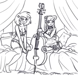 Size: 900x874 | Tagged: suggestive, artist:king-kakapo, derpibooru import, octavia melody, vinyl scratch, human, bed, bedroom eyes, blushing, bow, bra, breasts, cello, choker, clothes, cutie mark accessory, female, frilly underwear, humanized, lesbian, monochrome, musical instrument, nightgown, panties, scratchtavia, shipping, sketch, socks, thigh highs, tongue out, underwear, zettai ryouiki