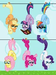 Size: 2400x3200 | Tagged: safe, artist:starkcontrast, derpibooru import, applejack, fluttershy, pinkie pie, rainbow dash, rarity, twilight sparkle, twilight sparkle (alicorn), alicorn, pony, book, clothespin, glare, hanging, mane six, pixel art, redbubble, sunglasses, waving