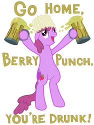 Size: 2400x3200 | Tagged: safe, artist:starkcontrast, derpibooru import, berry punch, berryshine, earth pony, pony, alcohol, bipedal, cider, cider mug, cutie mark, drunk, female, floppy ears, go home you're drunk, hat, hooves, lampshade, lampshade hat, mare, mug, open mouth, redbubble, simple background, solo, tankard, text, that pony sure does love alcohol, transparent background