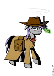 Size: 802x1136 | Tagged: safe, artist:avastindy, derpibooru import, oc, oc:spark brush, unofficial characters only, pony, clothes, coat, cowboy, cowboyhat, gun, handgun, pistol, revolver, saddle bag, simple background, solo, transparent background, weapon