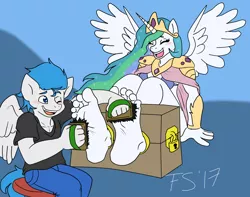 Size: 1900x1500 | Tagged: suggestive, artist:specklebrush, derpibooru import, princess celestia, oc, oc:dreamy daze, anthro, plantigrade anthro, blushing, canon x oc, crying, feet, female, fetish, foot fetish, laughing, male, open mouth, shipping, stocks, straight, tears of laughter, tickle fetish, tickle torture, tickling