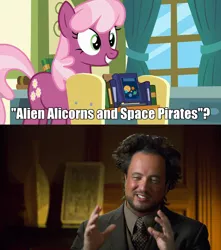 Size: 720x813 | Tagged: safe, derpibooru import, screencap, cheerilee, pony, a flurry of emotions, alien alicorns versus space pirates, ancient aliens, book, giorgio a. tsoukalos, history channel, image macro, meme