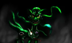 Size: 1023x614 | Tagged: semi-grimdark, artist:billyggruff, derpibooru import, pony, abomination, body horror, evil grin, green coat, grin, multiple faces, nightmare fuel, smiling, stare, staring into your soul, tentacles