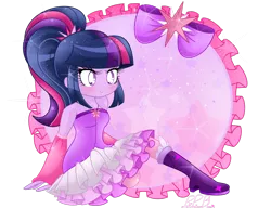 Size: 1280x989 | Tagged: safe, artist:pinkprincessblossom, derpibooru import, sci-twi, twilight sparkle, equestria girls, alternate universe, boot, boots, bow, clothes, cute, dress, female, jewelry, moe, necklace, ponytail, sitting, skirt, smiling, solo, sparkles, twiabetes