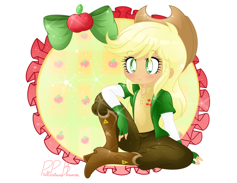 Size: 3300x2550 | Tagged: safe, artist:pinkprincessblossom, derpibooru import, applejack, equestria girls, alternate universe, apple, boots, clothes, cowboy boots, cowboy hat, cute, dress, female, food, hat, looking at you, sitting, smiling, solo, sparkles, stetson