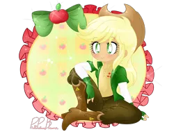 Size: 3300x2550 | Tagged: safe, artist:pinkprincessblossom, derpibooru import, applejack, equestria girls, alternate universe, apple, boots, clothes, cowboy boots, cowboy hat, cute, dress, female, food, hat, looking at you, sitting, smiling, solo, sparkles, stetson