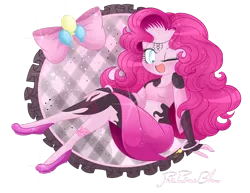 Size: 1280x989 | Tagged: safe, artist:pinkprincessblossom, derpibooru import, pinkie pie, equestria girls, alternate universe, belly button, clothes, cute, dress, looking at you, midna, one eye closed, open mouth, smiling, solo, the legend of zelda, the legend of zelda: twilight princess, wink