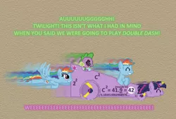 Size: 504x341 | Tagged: safe, artist:verve, derpibooru import, rainbow dash, spike, twilight sparkle, twilight sparkle (alicorn), alicorn, dragon, genie, pegasus, pony, ask genie twilight, the cart before the ponies, 42, cart, eyes closed, fancy mathematics, female, flying, horn ring, mare, mario kart double dash, math, motion blur, multeity, pun, scar, smiling, transformation, triangle