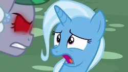 Size: 1280x720 | Tagged: safe, derpibooru import, screencap, clarity cut, trixie, pony, all bottled up, anger magic, jeweler pony, magic, red eyes, scared