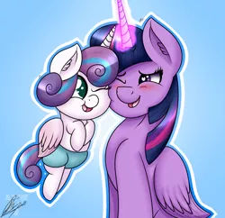 Size: 1555x1508 | Tagged: safe, artist:nexcoyotlgt, derpibooru import, princess flurry heart, twilight sparkle, twilight sparkle (alicorn), alicorn, pony, aunt and niece, auntie twilight, baby, baby pony, colored pupils, cute, diaper, duo, flurrybetes, gradient background, heart eyes, looking at each other, magic, one eye closed, signature, smiling, wingding eyes