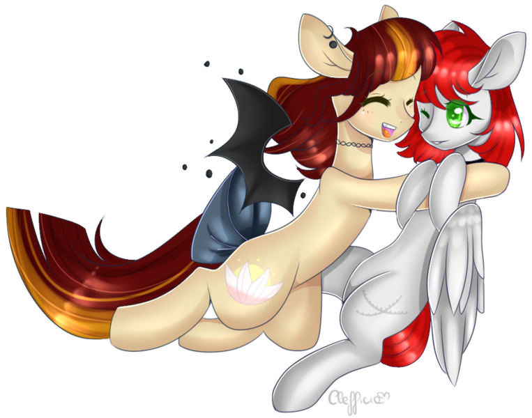 Size: 947x745 | Tagged: safe, artist:clefficia, derpibooru import, oc, unofficial characters only, bat pony, pegasus, pony, colored pupils, female, hug, mare, simple background, transparent background