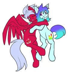 Size: 3696x4018 | Tagged: safe, artist:neoncel, derpibooru import, oc, oc:melon frost, oc:raven, oc:raven mcchippy, unofficial characters only, earth pony, pegasus, pony, absurd resolution, ear piercing, earring, freckles, hug, jewelry, one eye closed, piercing, smiling, snake bites, spread wings, wings