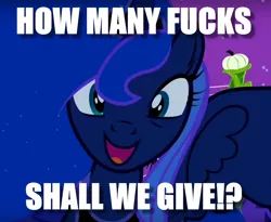 Size: 780x640 | Tagged: safe, derpibooru import, edit, edited screencap, screencap, princess luna, pony, luna eclipsed, image macro, meme, question, royal we, solo, vulgar