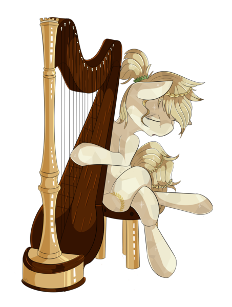 Size: 2179x2888 | Tagged: safe, artist:beardie, derpibooru import, oc, unofficial characters only, crystal pony, pony, crossed legs, eyes closed, harp, musical instrument, simple background, sitting, solo, stool, transparent background