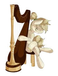 Size: 2179x2888 | Tagged: safe, artist:beardie, derpibooru import, oc, unofficial characters only, crystal pony, pony, crossed legs, eyes closed, harp, musical instrument, simple background, sitting, solo, stool, transparent background