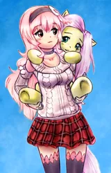 Size: 968x1516 | Tagged: safe, artist:alloyrabbit, artist:cabrony, color edit, derpibooru import, edit, fluttershy, human, pegasus, pony, carrying, clothes, colored, crossover, cute, female, human female, hyperdimension neptunia, kneesocks, mai waifus have met, mare, shyabetes, skirt, socks, sweater