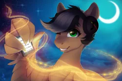 Size: 1230x824 | Tagged: safe, artist:silentwulv, derpibooru import, oc, oc:artsong, unofficial characters only, pegasus, pony, crescent moon, female, green eyes, headphones, looking at you, mare, moon, mp3 player, music, night, one eye closed, solo, stars, tablet, wing hands, wink