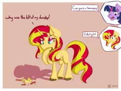 Size: 1023x768 | Tagged: safe, artist:auro-ria, deleted from derpibooru, derpibooru import, sunset shimmer, twilight sparkle, twilight sparkle (alicorn), alicorn, pony, bacon, bacon hair, clueless, confused, eyeshadow, female, food, innocent, makeup, meat, plushie