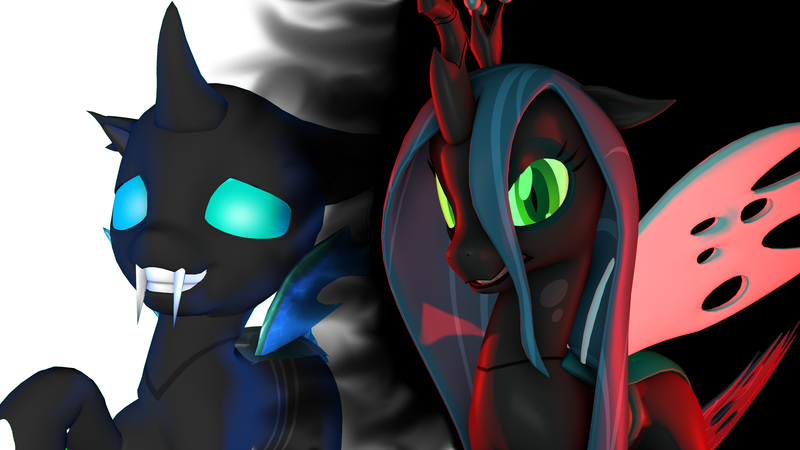 Size: 3840x2160 | Tagged: 3d, artist:rootbeer2222, changeling, derpibooru import, fangs, old design, poster, queen chrysalis, raised hoof, safe, side by side, source filmmaker, thorax